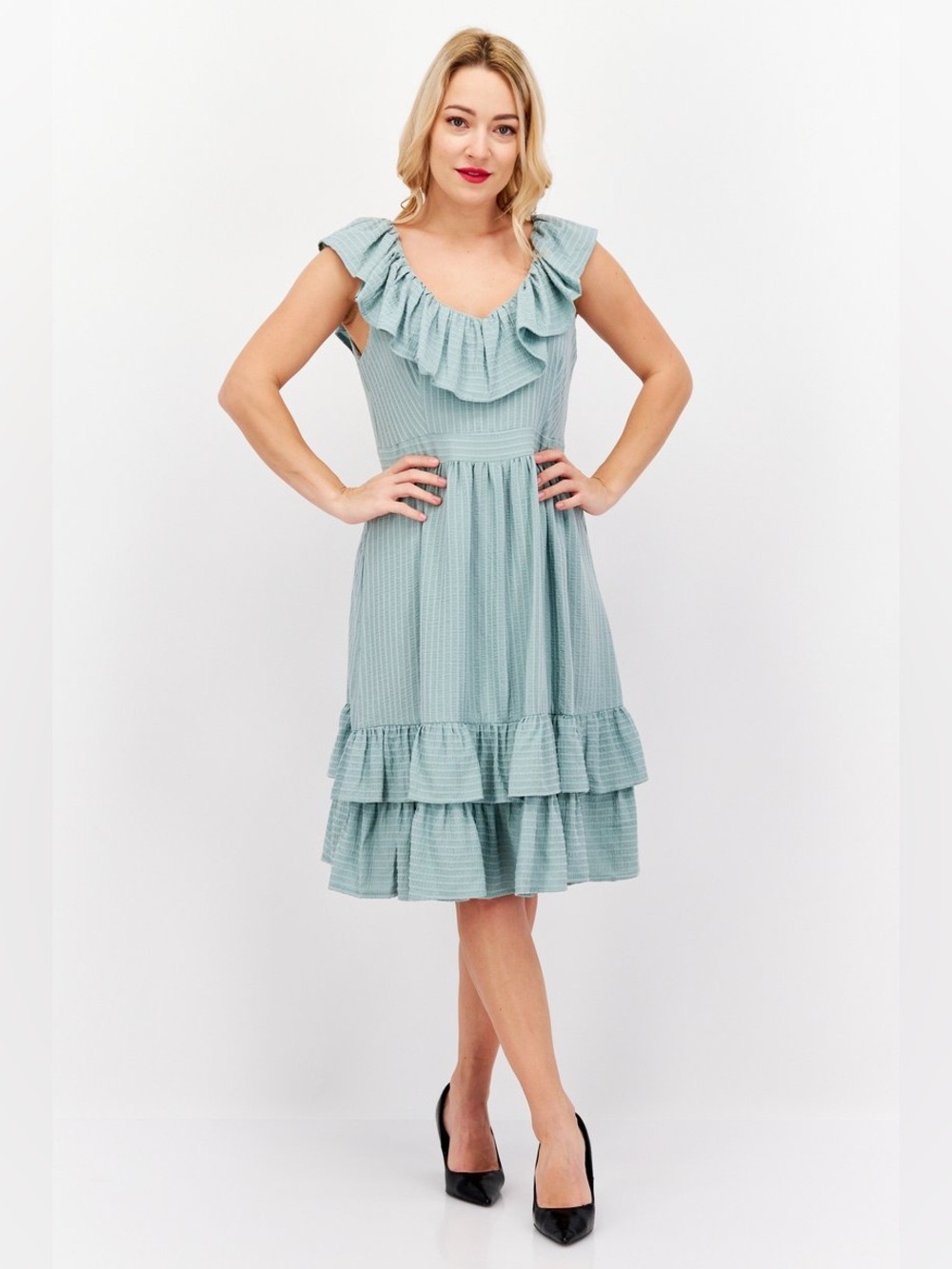 Calvin Klein Sleeveless Ruffle Tiered Midi Dress in Sage Green